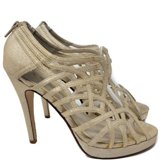 Gold Cage Open Toe Stiletto Sandals Size 7.5 - Picture 1 of 8